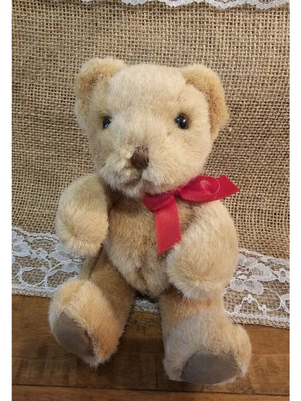 Vintage Small Tan Russ  TEDDY BEAR 6” With Red Bow  Stuffed Animal Item 7593